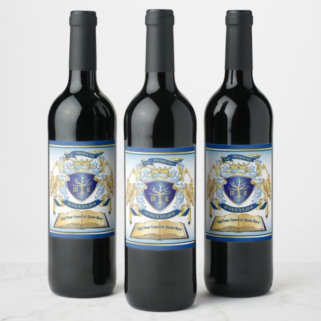 Make Your Own Emblem Tree Book Key Crown Gold Blue Wine Label (Bottles)
