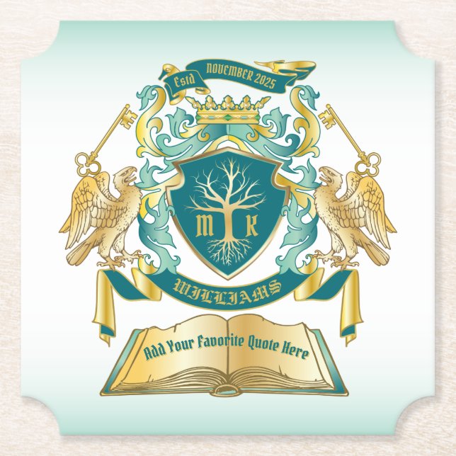 Make Your Own Emblem Tree Book Key Crown Gold Jade Paper Coaster (Front)