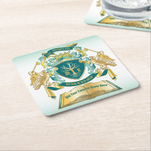 Make Your Own Emblem Tree Book Key Crown Gold Jade Square Paper Coaster
