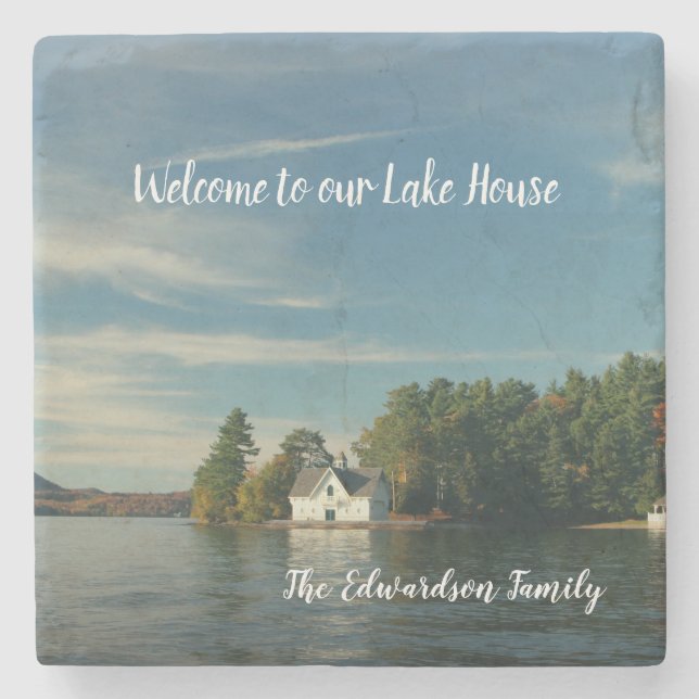 Make your own family lake summer house Welcome Stone Coaster (Front)