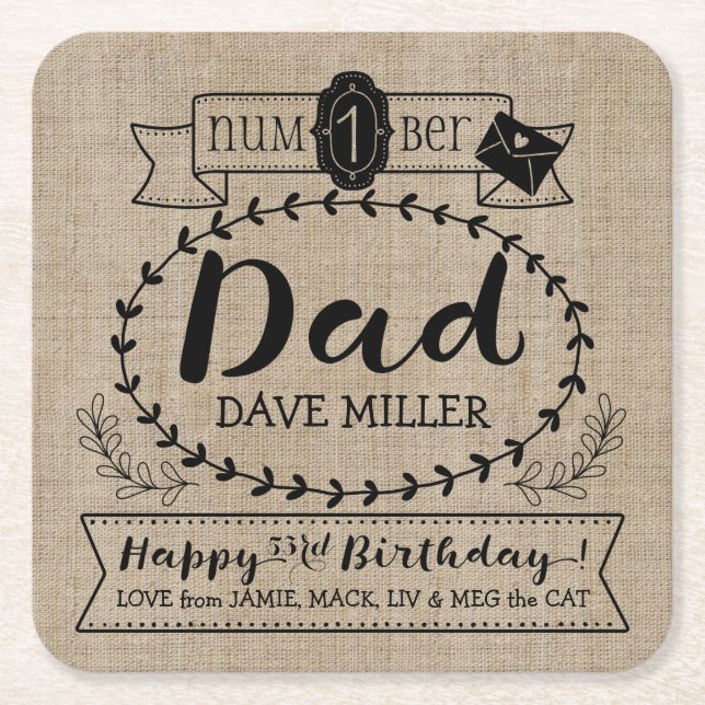 Make Your Own Number 1 Dad Birthday Cute Monogram Square Paper Coaster (Front)