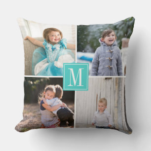 Make your own photo collage and monogram aqua blue cushion