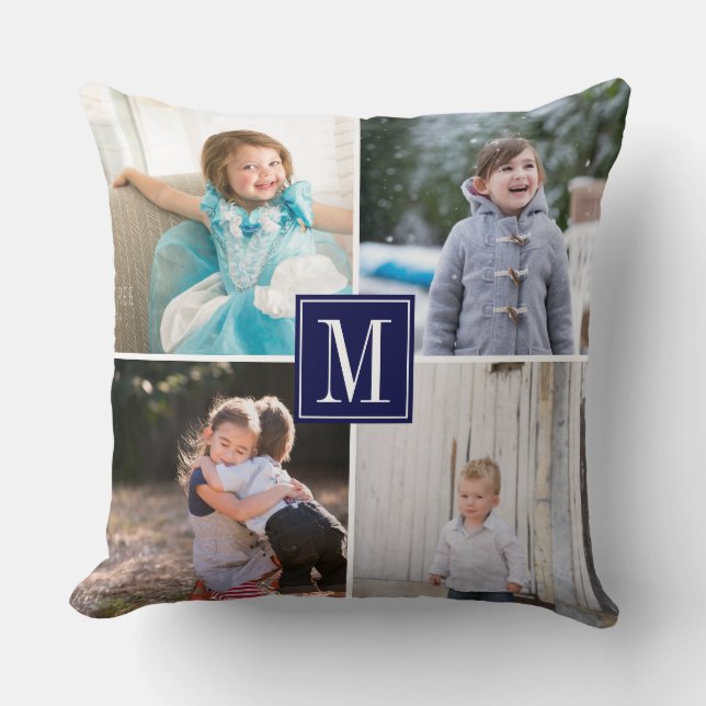 Make your own photo collage and monogram navy blue cushion (Front)