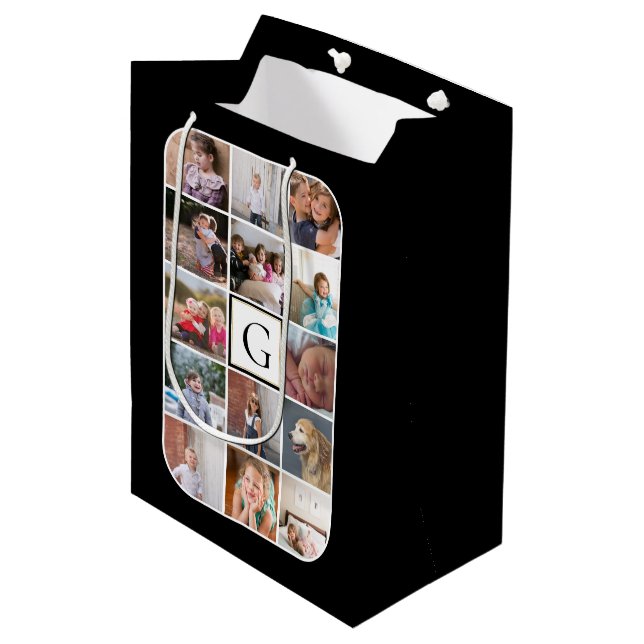 Make your own photo collage, monogram black medium gift bag (Front Angled)