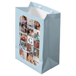 Make your own photo collage, monogram light blue medium gift bag