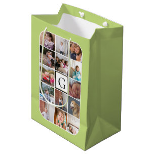 Make your own photo collage, monogram light green medium gift bag
