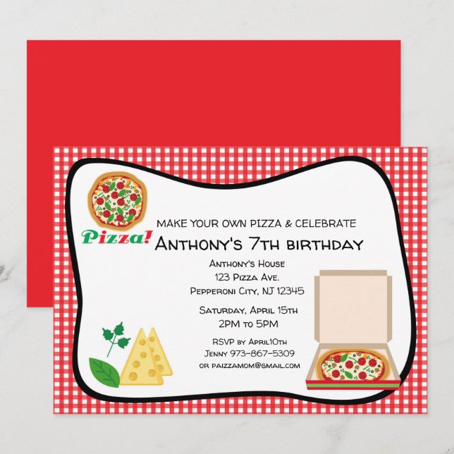 Make Your Own Pizza Birthday Party Invitation (Front/Back)