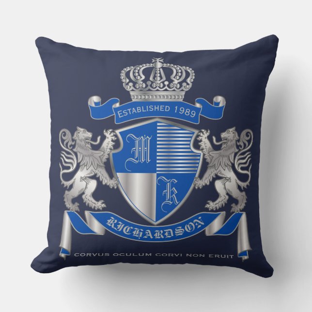 Make Your Own Silver Lion Emblem Coat of Arms Blue Cushion (Front)