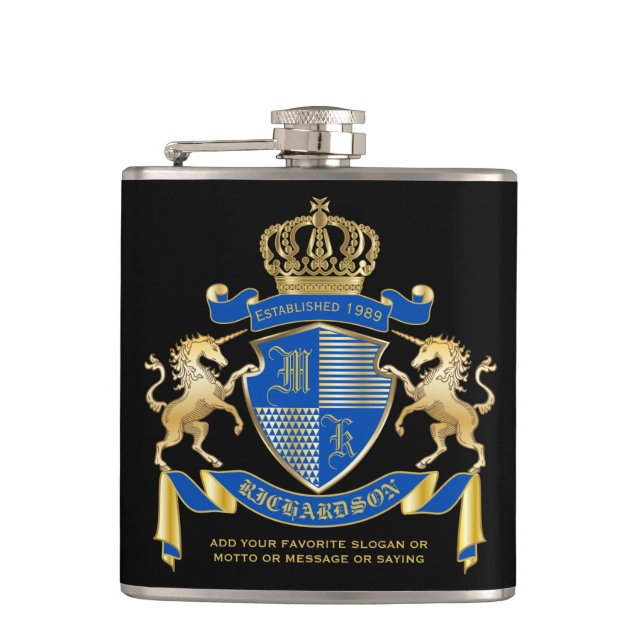 Make Your Own Unicorn Coat of Arms Blue Emblem Hip Flask (Front)
