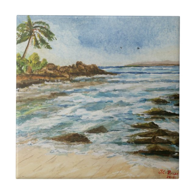 Makena Cove Hawaii Beach Watercolor Tile (Front)