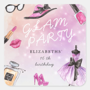 makeover glam sparkle birthday party square sticker