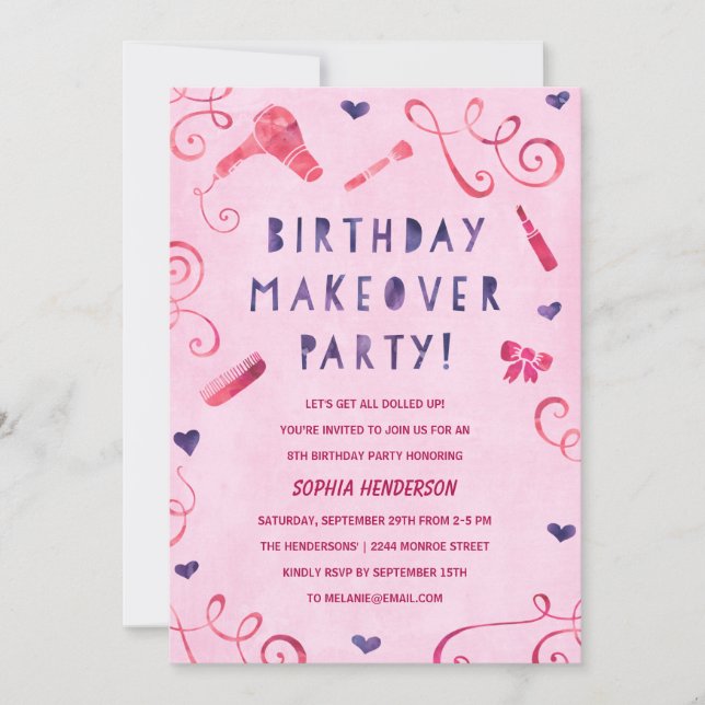 Makeover Party | Pink & Purple Girls Birthday Invitation (Front)