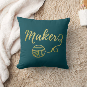 Maker Yarn Crafts Typography Faux Gold Teal Cushion