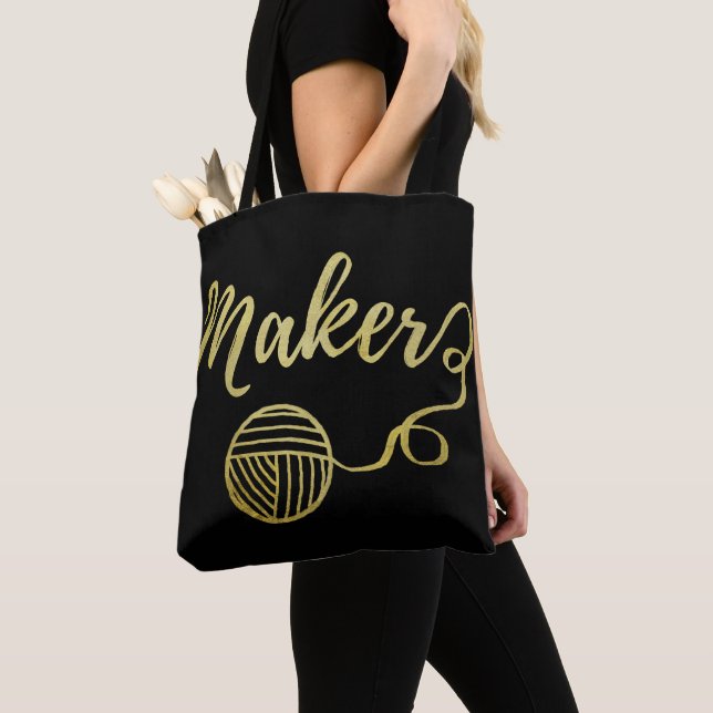 Maker • Yarn & Crafts Typography Faux Gold Tote Bag (Close Up)