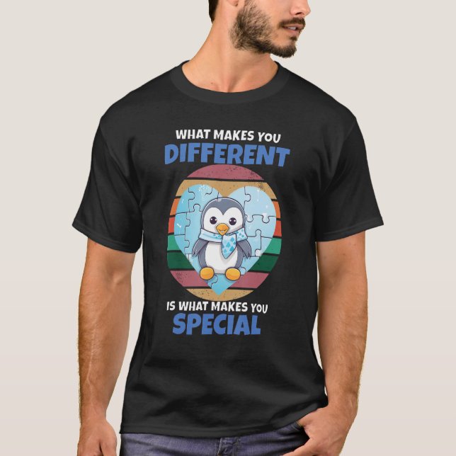 Makes you Special Penguin Colourful Puzzle Autism  T-Shirt (Front)