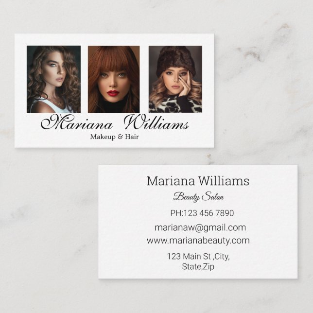 makeup and hair 3 photos beauty salon business card (Front/Back)