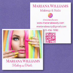 makeup and nails photo minimal pink script qr code square business card