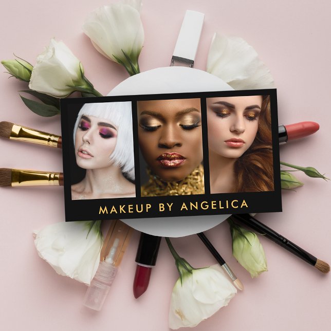 Makeup Artist 3 Photo Gold Business Card (Creator Uploaded)