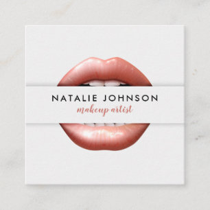 Makeup artist 3d chic pink lips modern grey beauty square business card