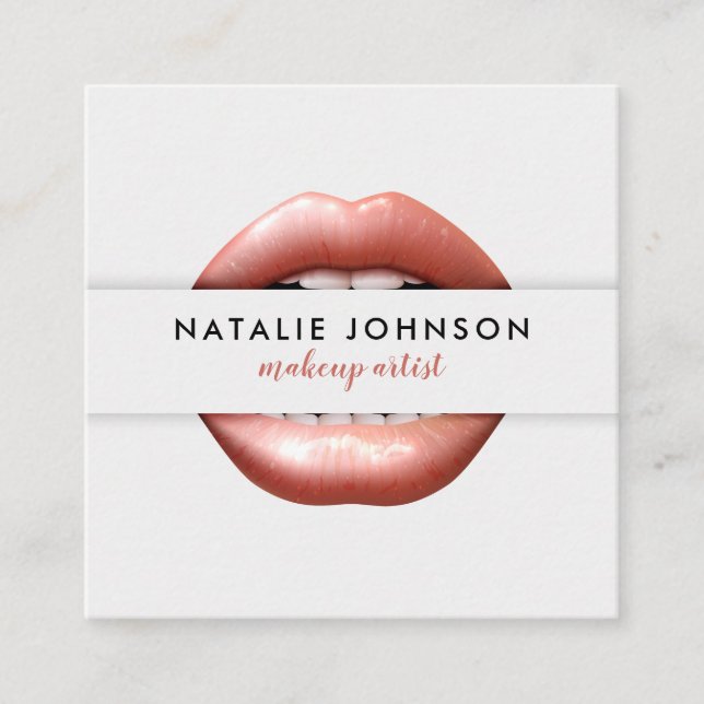 Makeup artist 3d chic pink lips modern grey beauty square business card (Front)