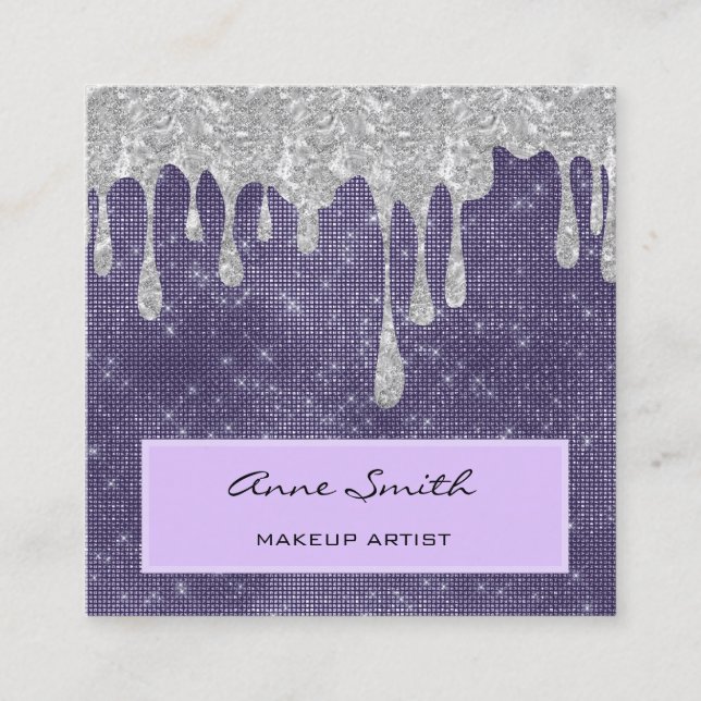 Makeup Artist Amethyst Silver Glitter Dripping Square Business Card (Front)