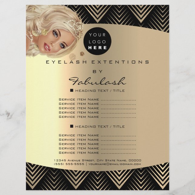 Makeup Artist Beauty Gold Black Logo Hair Prices Flyer (Front)