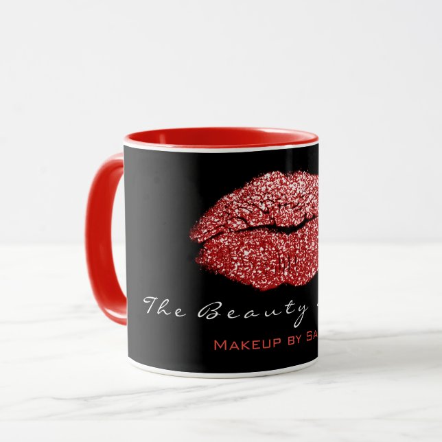 Makeup Artist Beauty Kiss Lips Red Black Glitter Mug (Front Left)