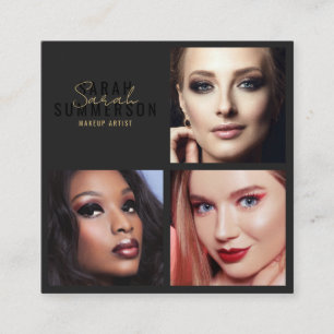 Makeup Artist Beauty Salon 3 Photo Black Stylish Square Business Card