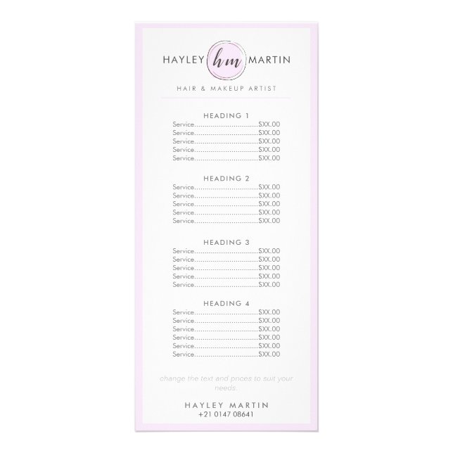 Makeup Artist Beauty Salon Elegant Pink Price List Rack Card (Front)