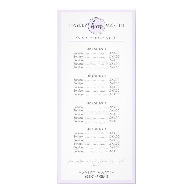 Makeup Artist Beauty Salon Elegant Price List Rack Card | Zazzle