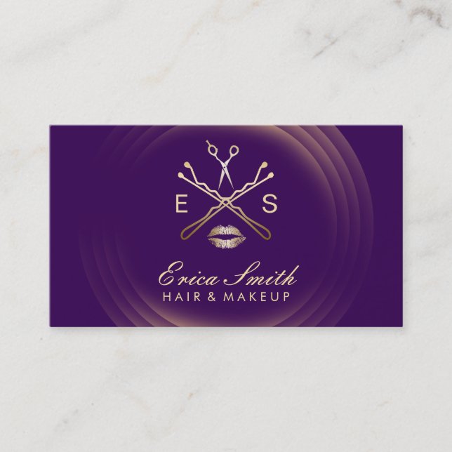 Makeup Artist Beauty Salon Modern Gold & Purple Business Card (Front)