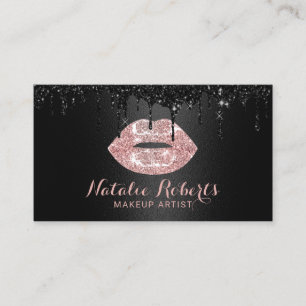 Makeup Artist Black Drips Rose Gold Lips Salon Business Card