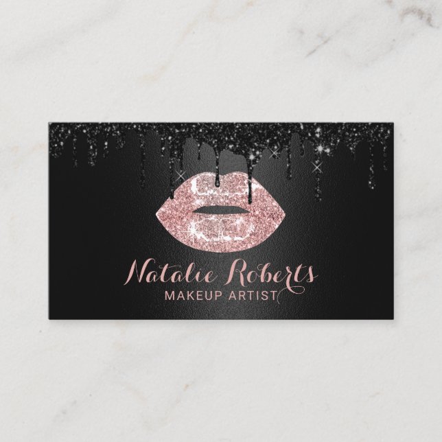 Makeup Artist Black Drips Rose Gold Lips Salon Business Card (Front)