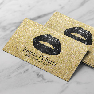 Makeup Artist Black Glitter Lips Modern Gold Business Card
