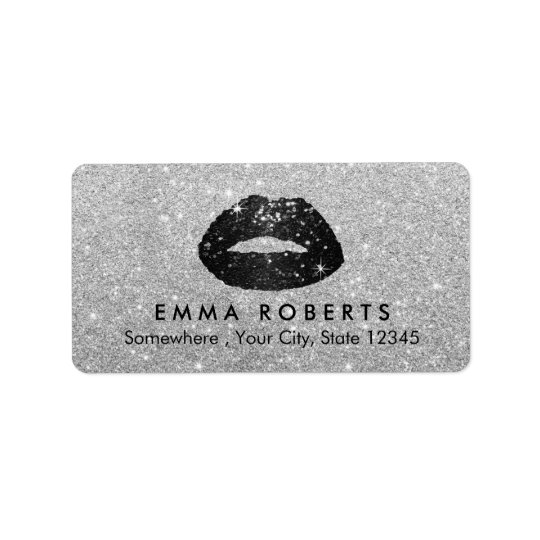 Makeup Artist Black Glitter Lips Modern Silver Address Label