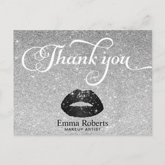 Makeup Artist Black Glitter Lips Silver Thank You Postcard (Front)