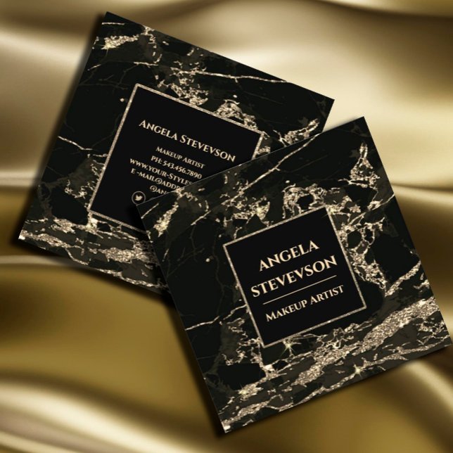 Makeup Artist Black Gold Marble Business Card (#makeupartist #glittergold #goldfaux #luxury #zazzlemage #proffionalbuainesscard #sparkles,)
