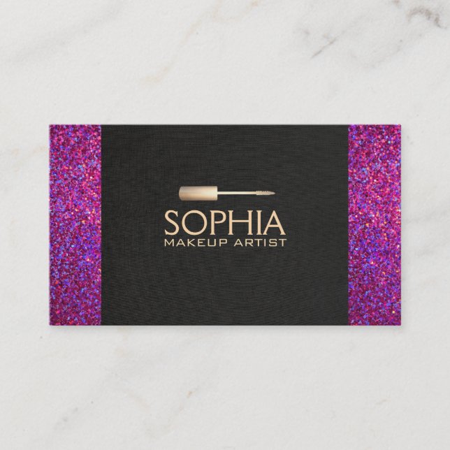 Makeup Artist Black Linen and Purple Glitter Look Business Card (Front)