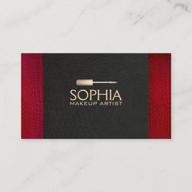 Makeup Artist Black Linen and Red Alligator Skin Business Card (Front)