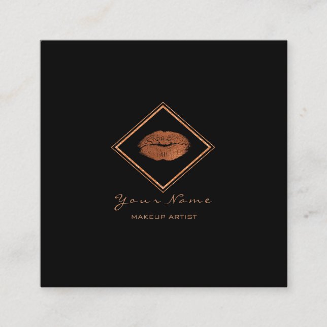 Makeup Artist Black Lips Copper Rose Gold Frame Square Business Card (Front)