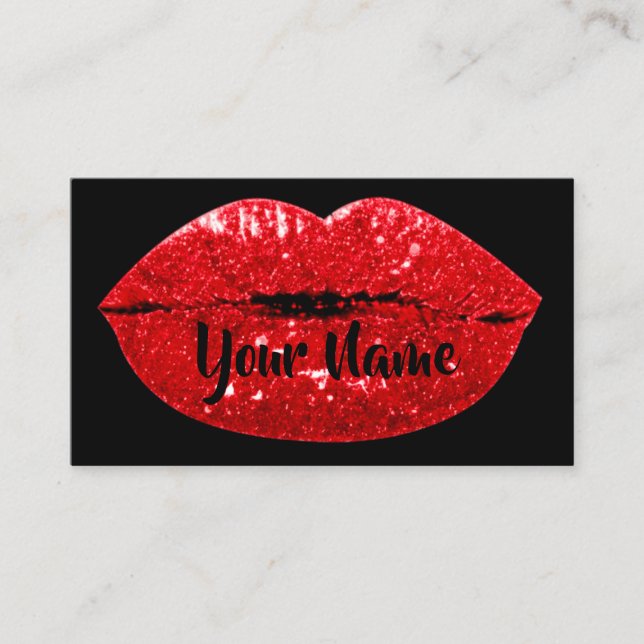 Makeup Artist Black Red Kiss Lips VIP Glitter Business Card (Front)