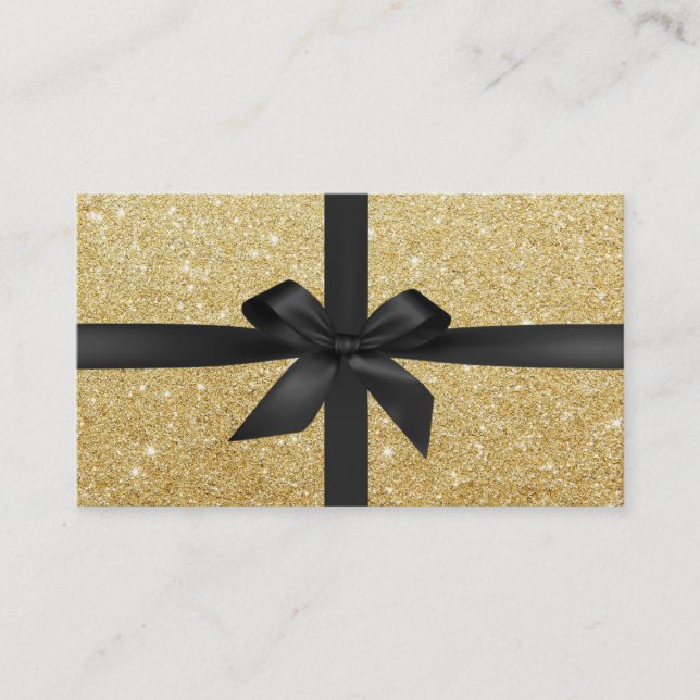 Makeup Artist Black Ribbon Wrapped Gold Glitter Business Card (Front)
