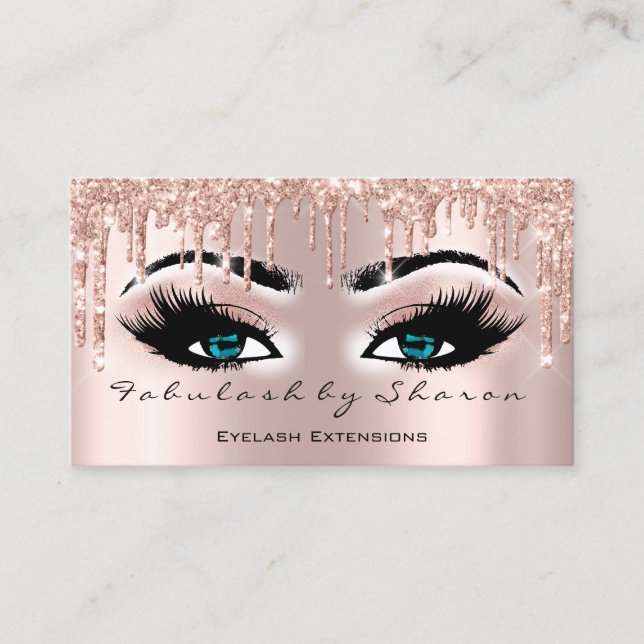 Makeup Artist Blue Eyes Lashes Glitter Drips Rose Business Card (Front)