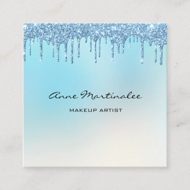 Makeup Artist Blue Glitter Glam Drips Square Business Card (Front)