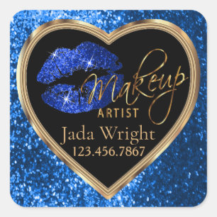 Makeup Artist Blue Glitter Love Lips and Gold Font Square Sticker