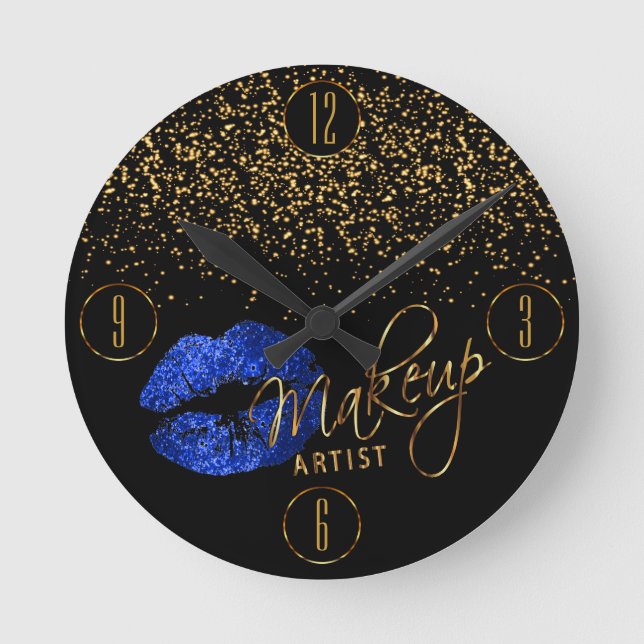 Makeup Artist Blue Lips and Gold Confetti Round Clock (Front)