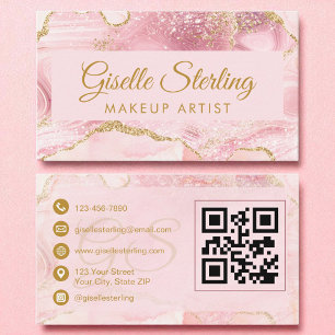 Makeup Artist Blush Pink Gold Agate QR Code Business Card