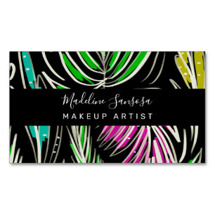 Makeup Artist Bright Jungle Doodles Black Magnetic Business Card