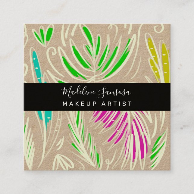 Makeup Artist Bright Jungle Doodles Square Business Card (Front)