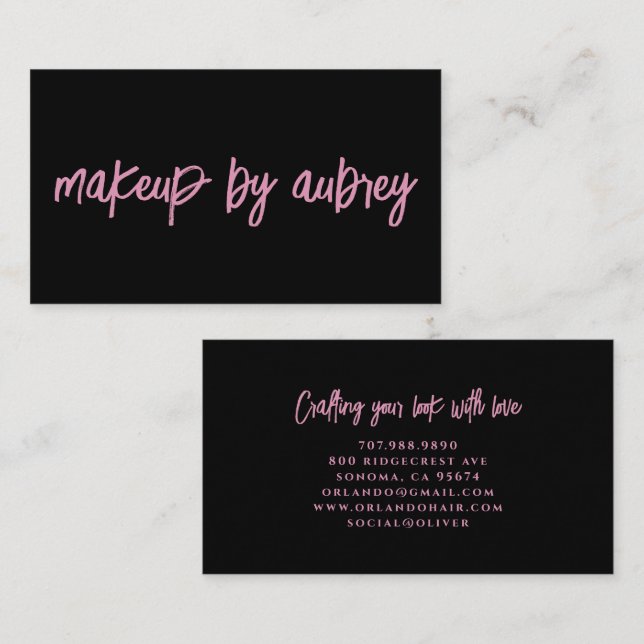 Makeup Artist Brush Script Calligraphy Pink Black Business Card (Front/Back)